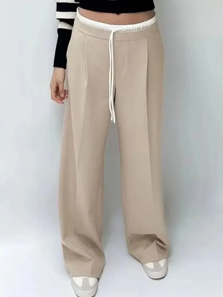 HH 2025 Women Fashion Vintage Solid Straight Pants Side Zipper Drawstring Casual Trousers Spring New Female Wide Leg Pants