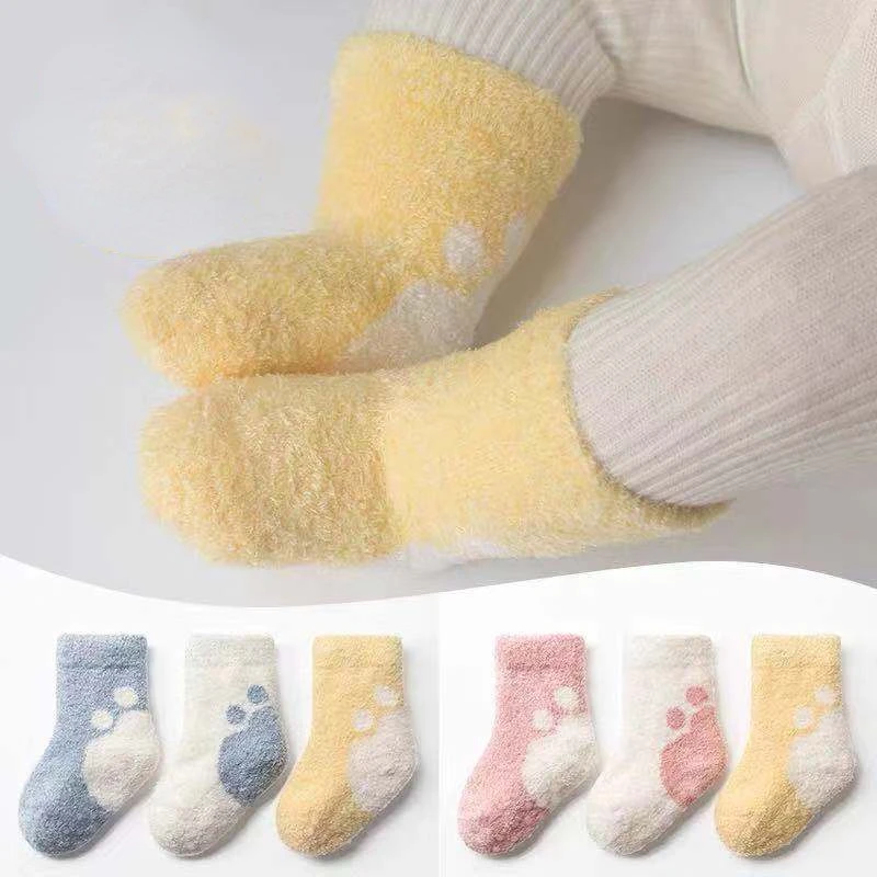 

Warm Coral Feather Yarn Baby Socks Children'S Thick Fur Loops Soft And Comfortable Baby Wool Solid Color Socks For Girls Boys