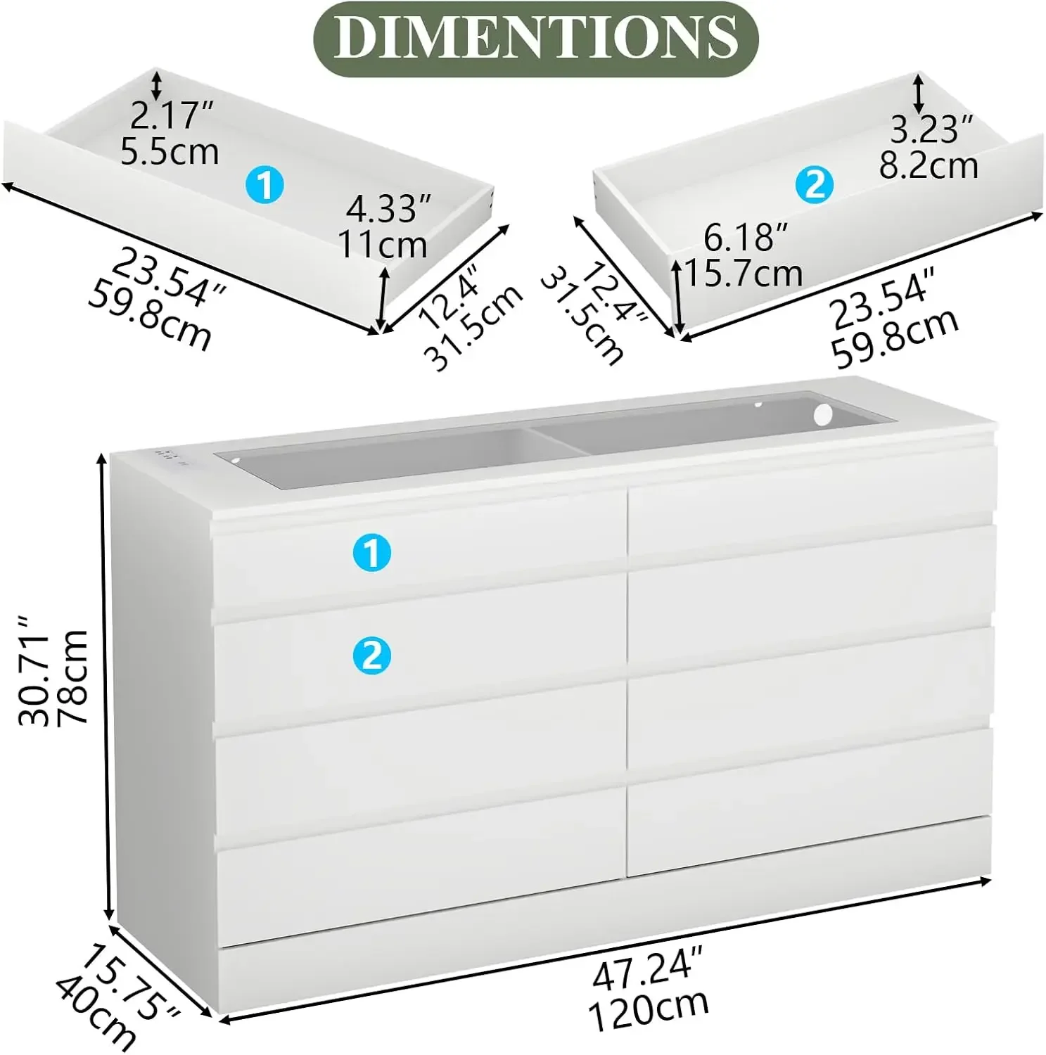 White Dresser for Bedroom Chest of Drawer with Glass Top Modern Double Wide Drawer Organizer Cabinet for Living Room (White) 2