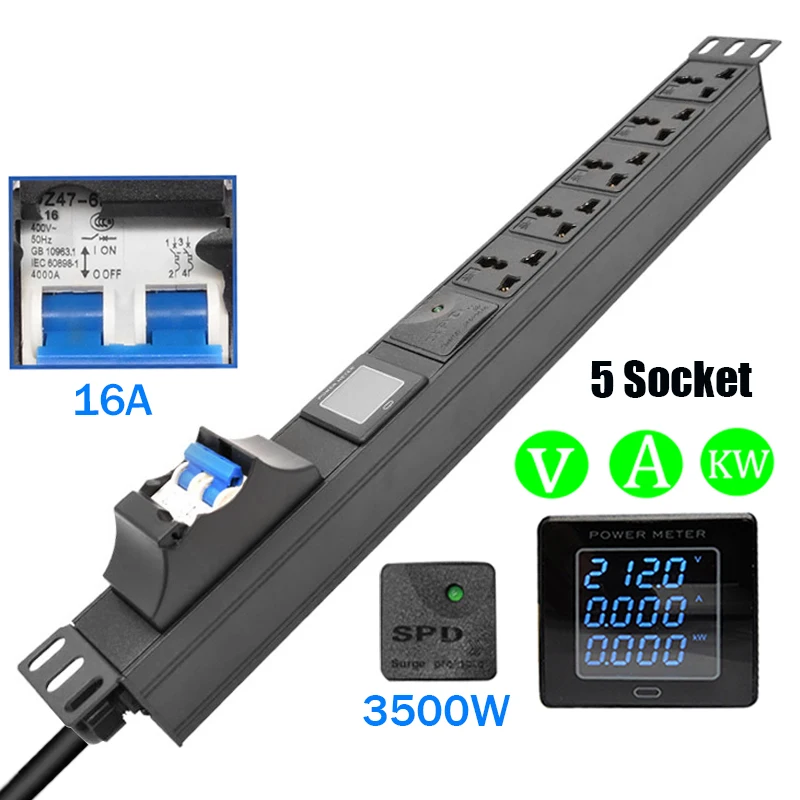 

19inch Rack Mount socket PDU Power Strip 3500W 5 Ways Universal Outlets Network Cabinet Rack With Digital Meter Surge Protection