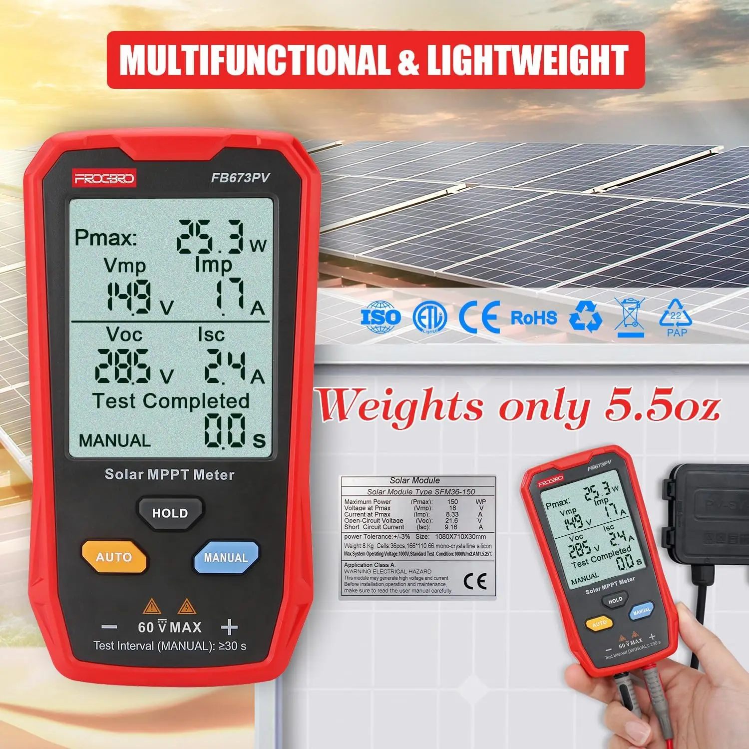 Solar Panel Tester Meter Photovoltaic Multimeter 800W MPPT with LCD for PV Test