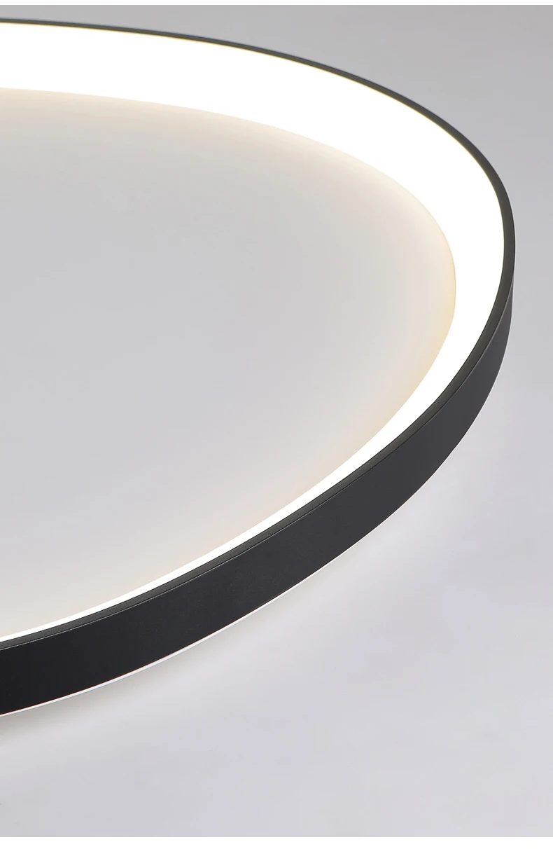 Close-up of the Nordic Minimalist Ceiling Light, highlighting its dimmable brightness and color temperature control. It showcases a modern circular design with a black edge and white illuminated interior against a neutral background.