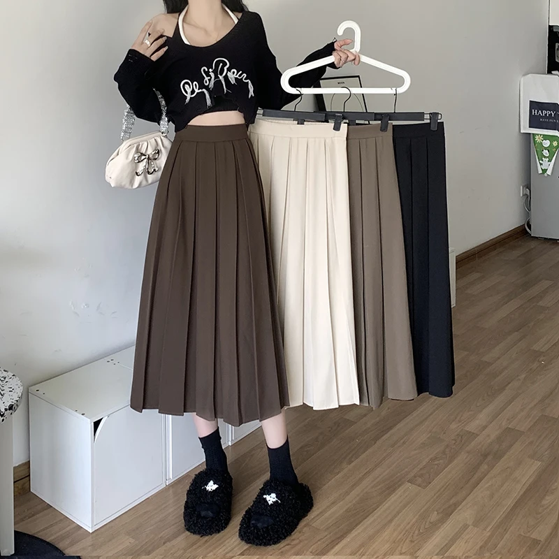 Brown Long Pleated Skirts Women Korean Fashion New Vintage High Waist Loose A Line Drop Suit Skirt 4 Colors