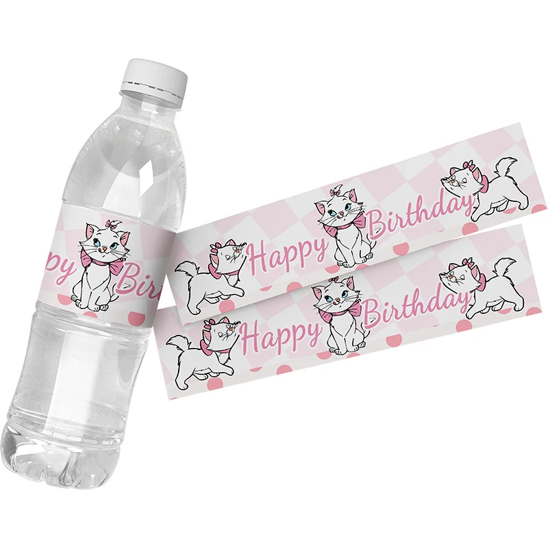 6pcs Disney The Aristocats Marie Cat Pink Happy Birthday Water Bottle Decoration Stickers Supply Baby Shower Party Packing Label