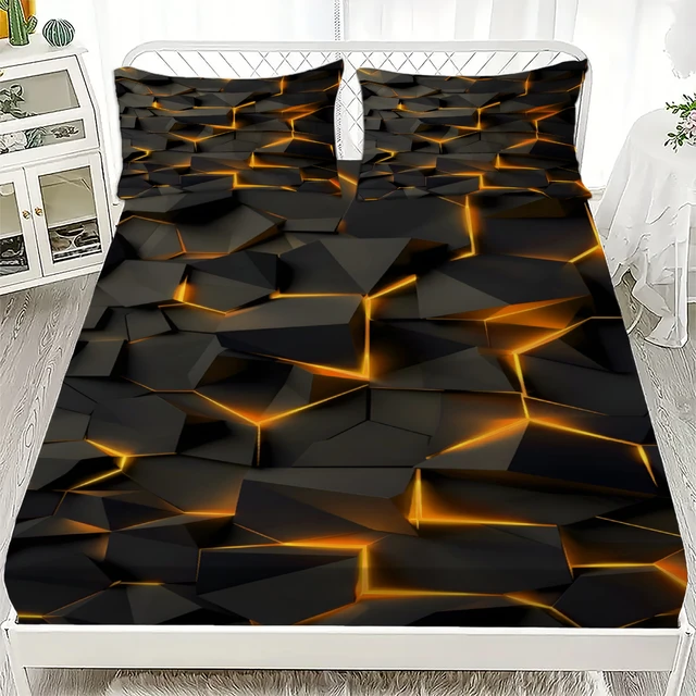Ensemble de 3 draps-housses imprimés géométrie visuelle effet vertiges, 100 % polyester respirant, pour la décoration intérieure, avec 2 taies d'oreiller 1