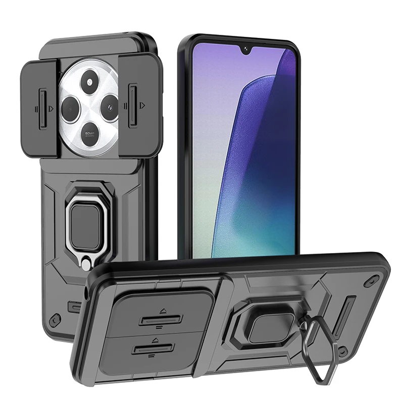 Armor Protective Case with Car Magnetic Ring Stand and Slide Lens Cover