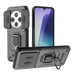 Armor Protective Case with Car Magnetic Ring Stand and Slide Lens Cover for Redmi 14C (4G) (HKzdx-Black)