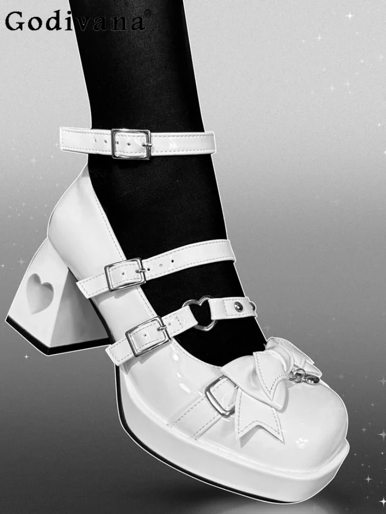 

Lolita Elegant Women's Square Toe High Heels Spring Autumn Gothic Punk Y2K Hot Girl Bow Rivet Metal Decoration Mary Jane Shoes