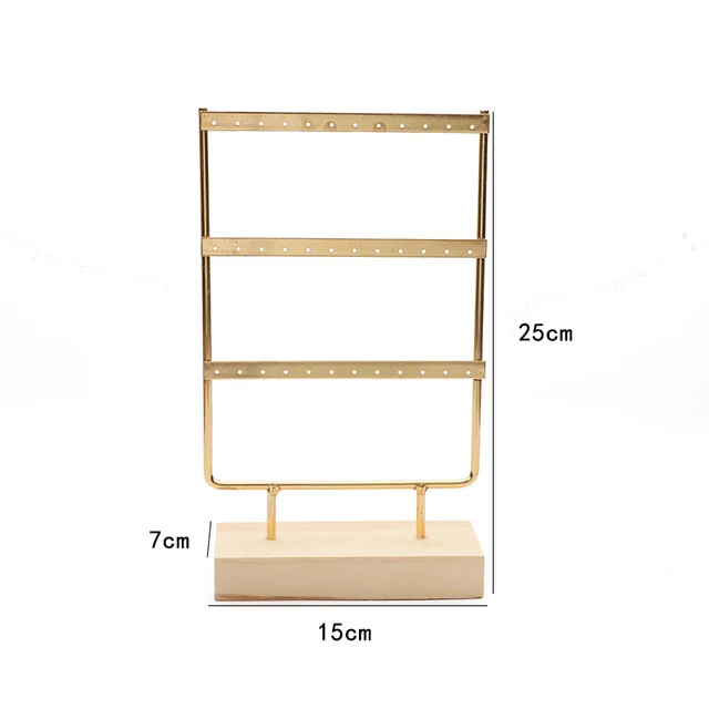 85335-355e07.jpg Présentoir de boucles d'oreilles à 3 niveaux et 72 trous, organisateur de rangement de bijoux en métal à 3 couches, support de Base en bois, arbre, support de clous d'oreille, cadeau