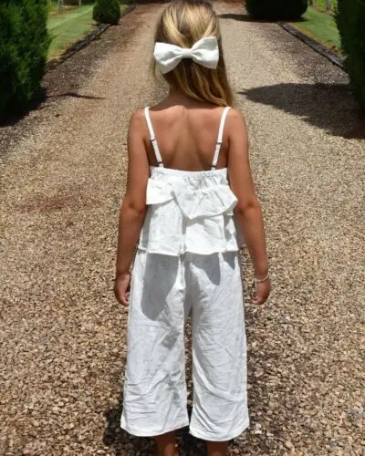 US Stock Summer Toddler Baby Girl Ruffle Sling Crop Tops Wide Leg Long Pants Headband Sweet Kids 3PCS Outfits Cotton Set 1-6Y