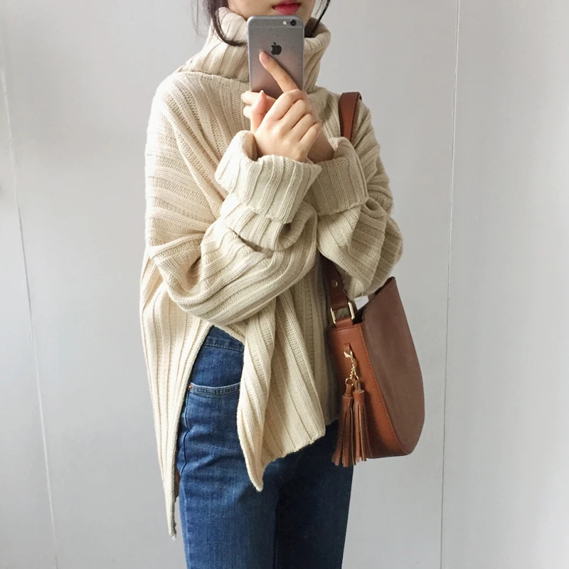 Autumn and Winter New Solid Color Women's Long-sleeved Turtleneck Sweater Loose Fashion Knitwear Casual Pullover Office Top