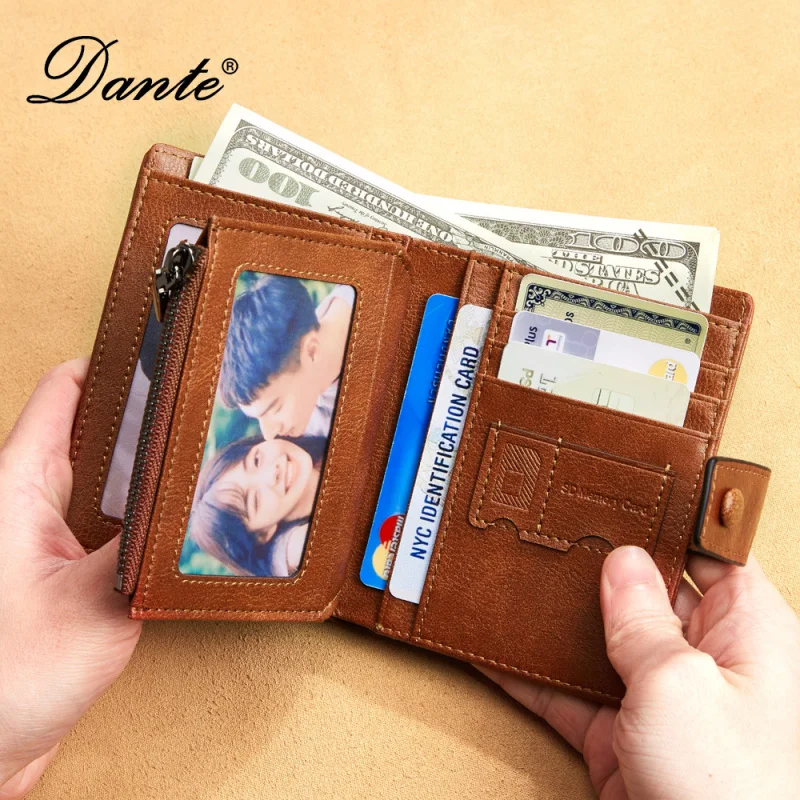 Men's Genuine Leather Zipper Short Wallet Retro Style RFID Blocking Cowhide Wallet