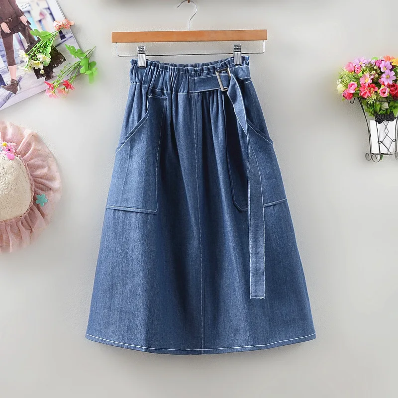 

New 2022 Summer Midi Denim Skirt Women Elastic High Waist A Line Jean Skirts Streetwear Deep Blue Casual Midi Skirt