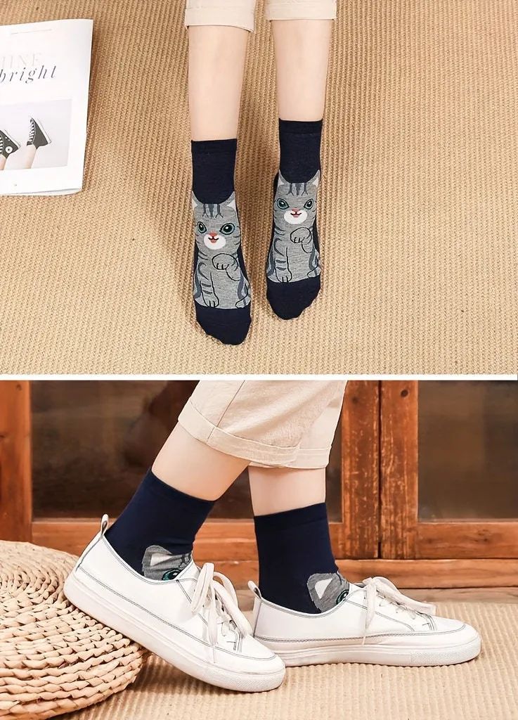 5 Paar Niedliche Cartoon-Katzen Knöchelsocken für Damen und Mädchen, Weiche Atmungsaktive Lässige Kurze Socken mit Tiermuster für den Alltag – Detail 3