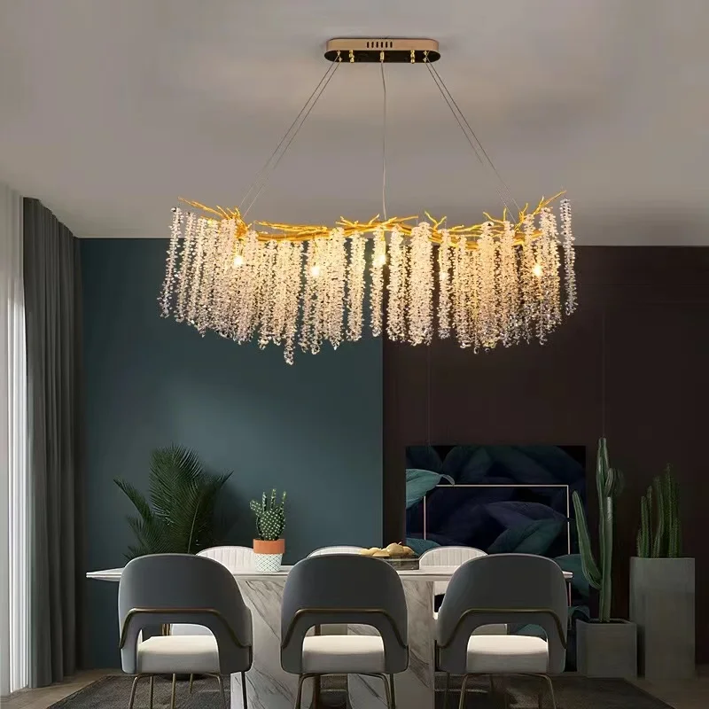 Europe Style Long Ceiling Chandelier Crystal Simple Branch Dining Room Lighting Aluminum Luxury Tassel Glass Round Chandeliers ceiling chandelier