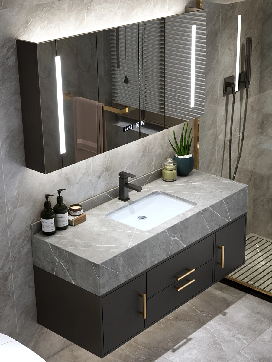 

Modern Minimalist Light Luxury Rock Slab Integrated Household Cabinet Combination Bathroom Wash Basin Set Furniture Supplies
