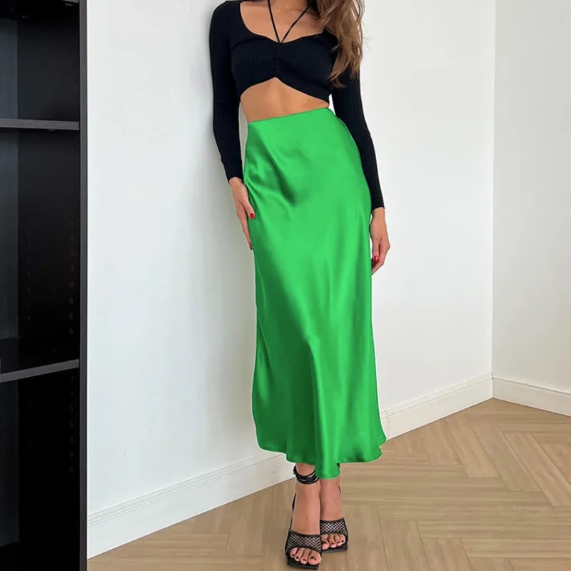 

2023 Summer Women's Satin Skirt Elegant Purple A Line Shiny Skirt High Waist Mid-length Skirts Korean Solid Office Long Skirts