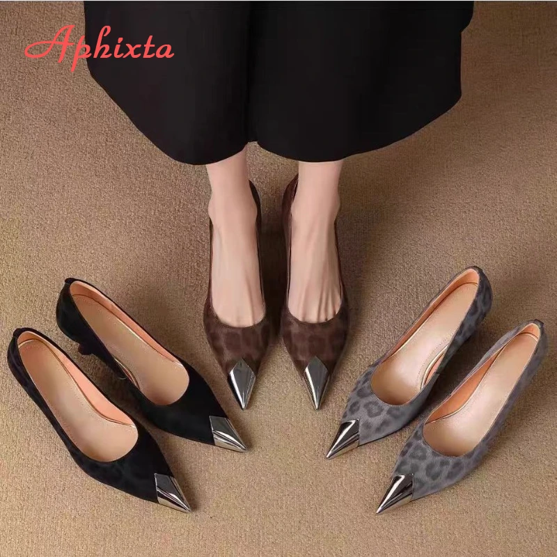 Aphixta High Heels Women Pumps Metal Decoration Pointed Toe Sexy Woman Party Shoes Leopard Prints Wedding Shoes Ladies Footwear