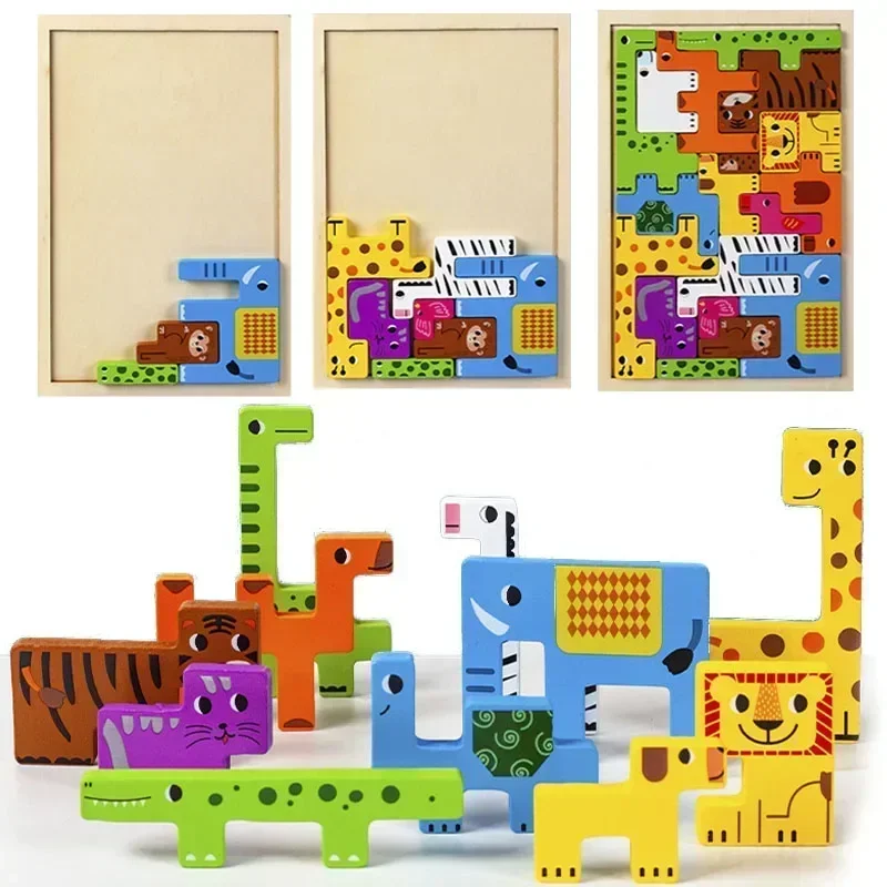 Montessori Cartoon 3D Puzzle Wooden Tangram Math Toy Cube Game Children Pre-school Magination Shapes Puzzle Educational Toy Kids