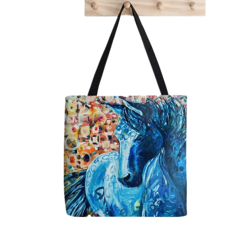 Women Shopper bag blue Horse Printed Kawaii Bag Harajuku Shopping Canvas Shopper Bag girl handbag Tote Shoulder Lady Bag