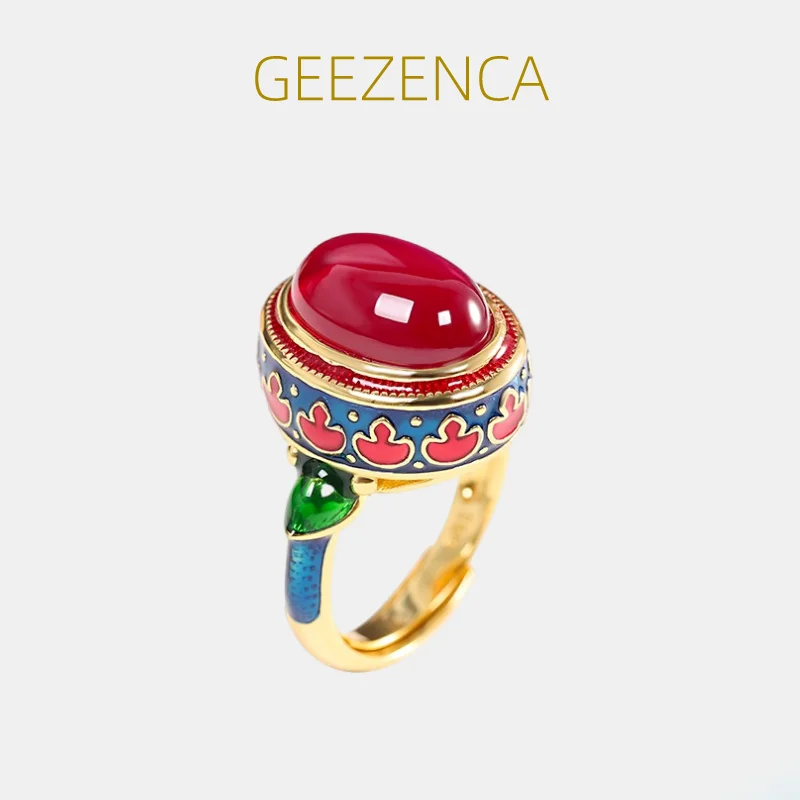 GEEZENCA S925 Silver Gold Plated Red Corundum Enamel Color Women's Ring Cloisonne Vintage Trendy Open Rings Fine Jewel