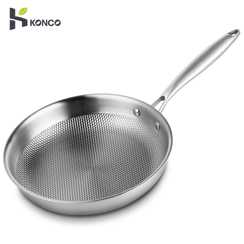Konco 304 Stainless Steel Frying Pan Non-stick Pot Gas Induction Cooker 28cm/30cm Flat Frying Pan Kitchen Cooking Woks