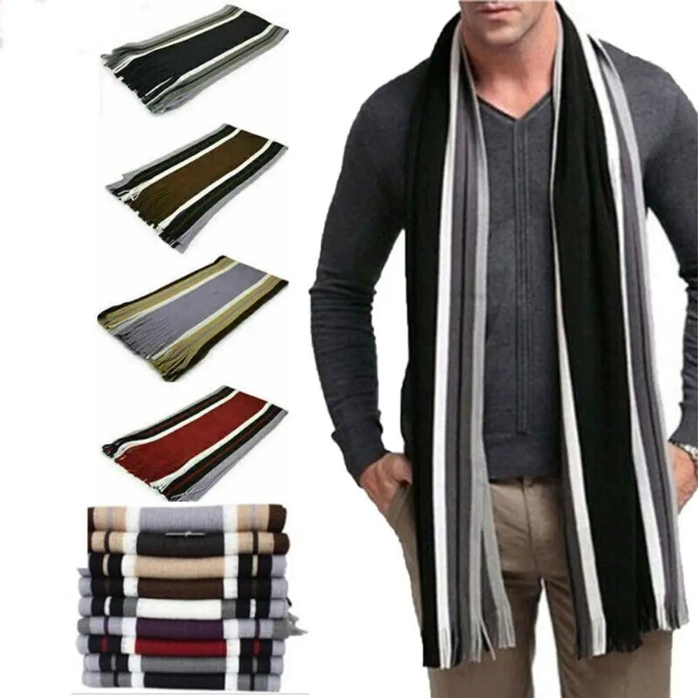 Fashion Cashmere Men Striped Scarf Casual Thicken Winter Long Shawl Neck Warm Tassel Stole Soft Neck Wrap Nice Gift