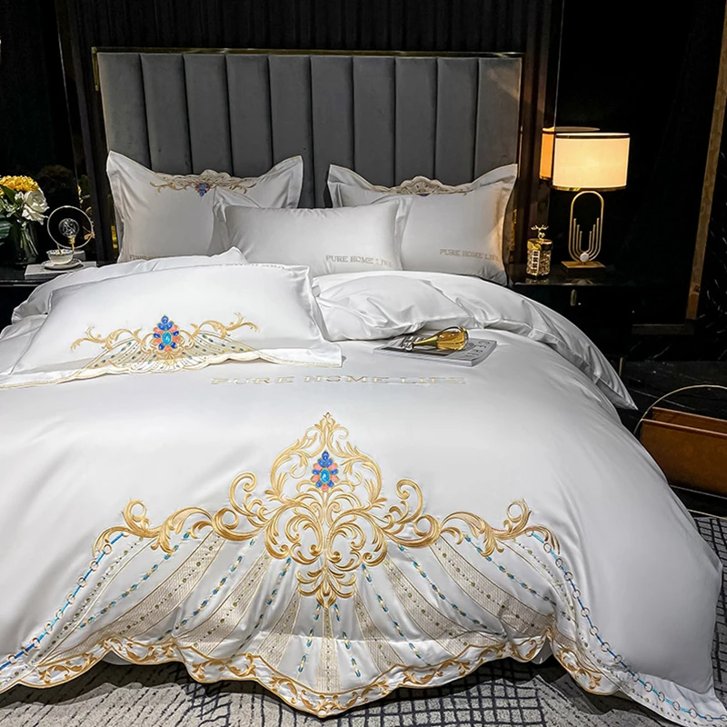 

Luxury European Royal Gold Embroidery White 600TC Egyptian Cotton Bedding Set Duvet Cover Bedspread Flat Sheet Pillowcases #/