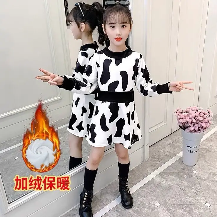 3-14 children's fleece mid-length dress girls winter and autumn children's long-sleeved mid-length plaid princess skirt bottomin