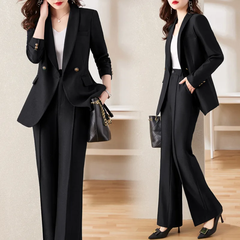 Tesco Autumn Women's 2 Piece Blazer And Pants Solid Suits Shawl Lapels Blazer Wide Leg Trouser Sets For New Year ropa de mujer
