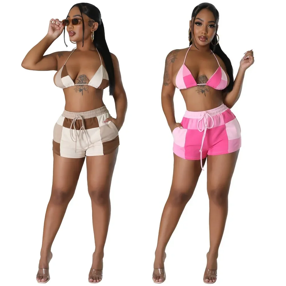 

FEOGOR summer sexy Europe and the United States women's fashion new casual beach color collision printing bikini two-piece set