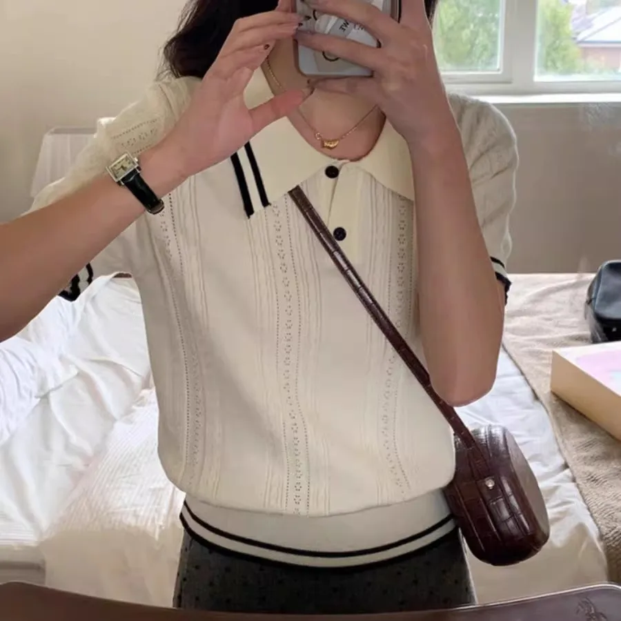 Ivory Trim Polo Knit Top S090321052b104dd7a0b72d40a6eb821ag