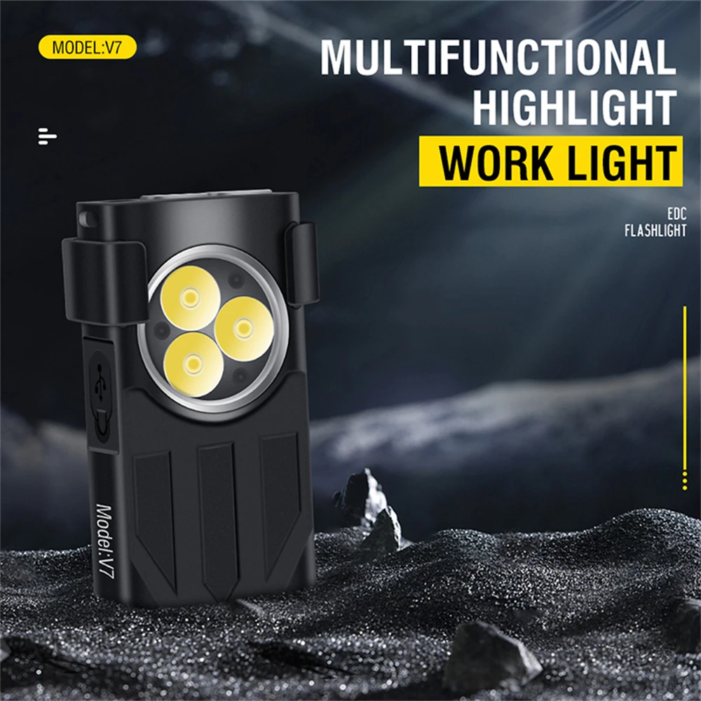 

Портативный мини-фонарик V7 EDC лм, брелок, USB-C перезаряжаемый светодиодный фонарик, водонепроницаемый с магнитом, функция УФ-освещения