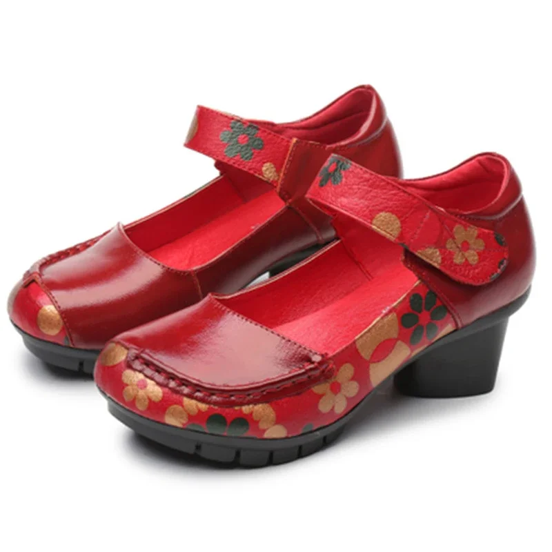 TIMETANG Soft Med Heels Vintage Style Genuine Leather Shoes Personality Casual Women's Pumps Summer Cowhide Retro Floral Handmad 4