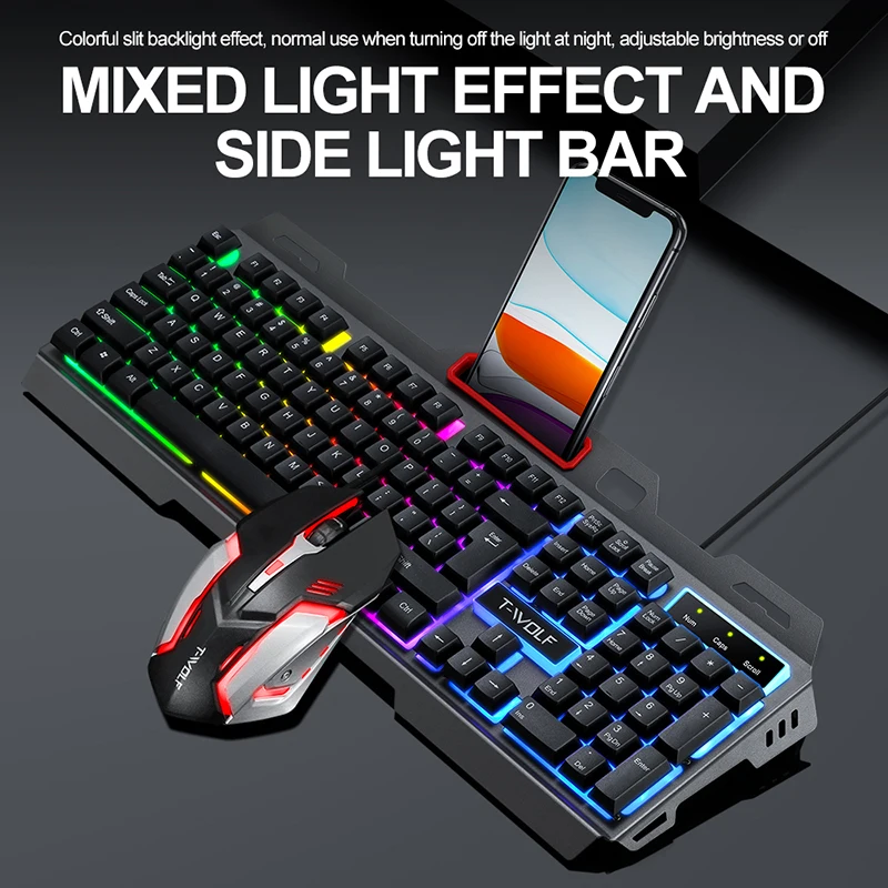 Color Blacklight USB Wired Computer Keyboard And Mouse With Phone Holder 2