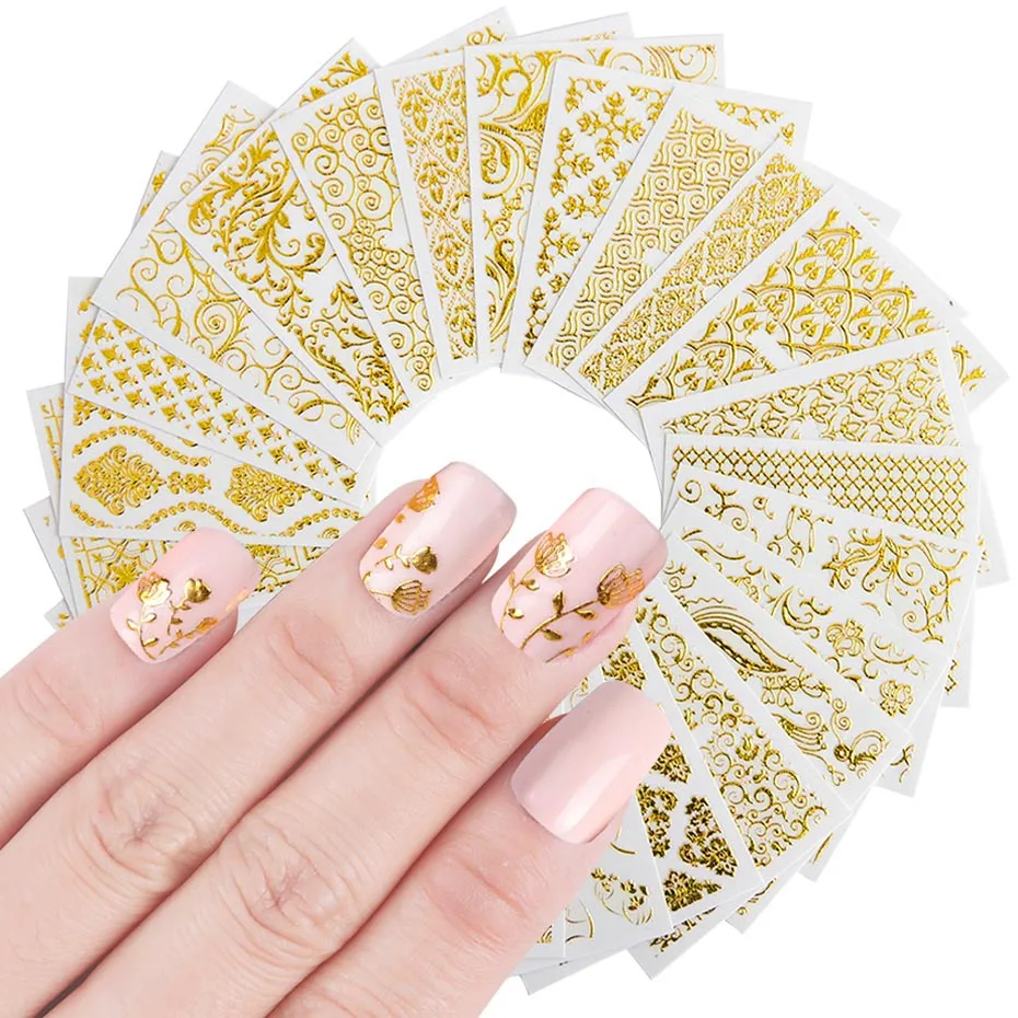 

20 Pcs Gold 3D Nail Art Stickers Hollow Decals Mixed Designs Adhesive Flower Nail Tips Decorations Salon Accessory