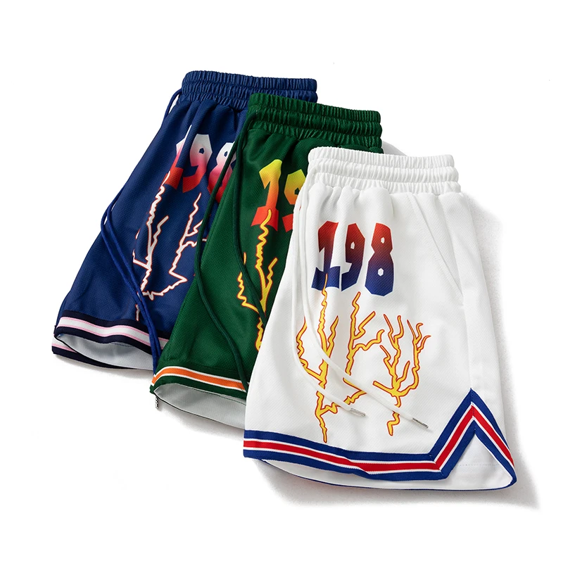 Lightning Mesh Printed Summer Shorts American Retro Double Layered Overweight Loose and Breathable Shortpant for Men Women