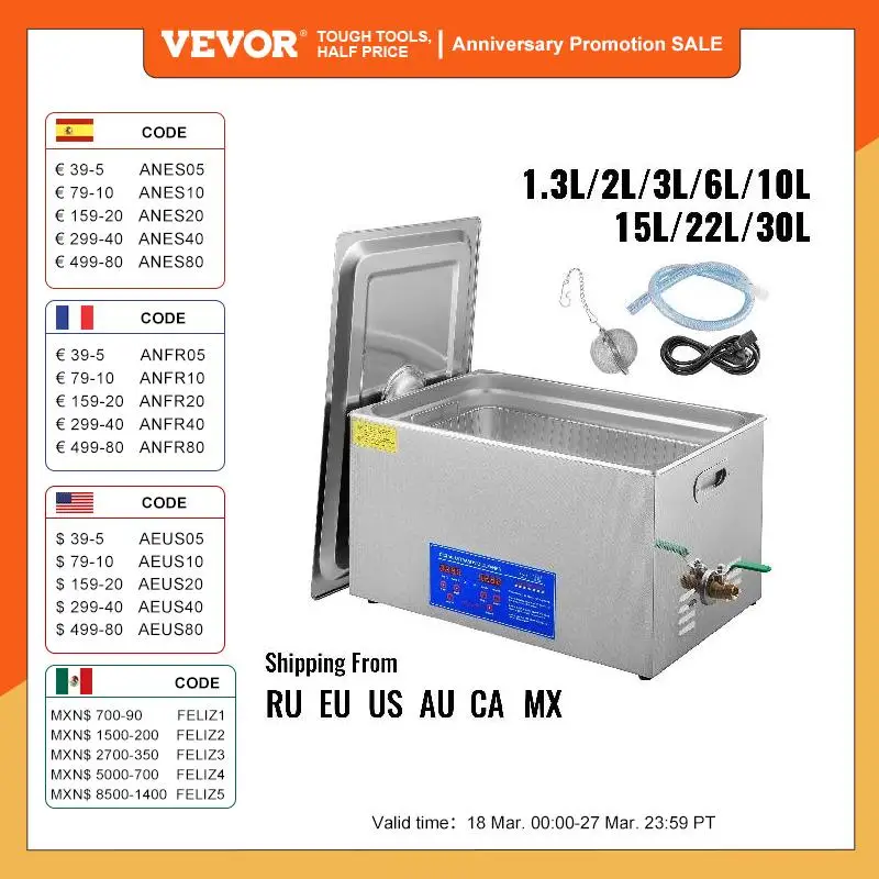 VEVOR Nettoyeur à Ultrasons 1,3L 2L 3L 6L 10L 15L 22L 30L Nettoyeur Ultrasonique Portable Professionnel Machine à Laver Bijoux