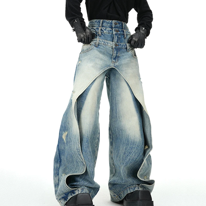 FEWQ Niche Design Men's Jeans Patchwork Layered Multi-wasit Worn-out Solid Color Wide Leg Straight Male Denim Pants 2025 24K1304 4