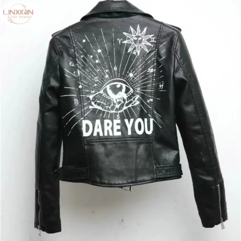 

2024 New Women Autumn Winter Faux Soft Leather Jackets Coats Lady Black PU Rivet Zipper Epaulet 3D Print Motorcycle Streetwear