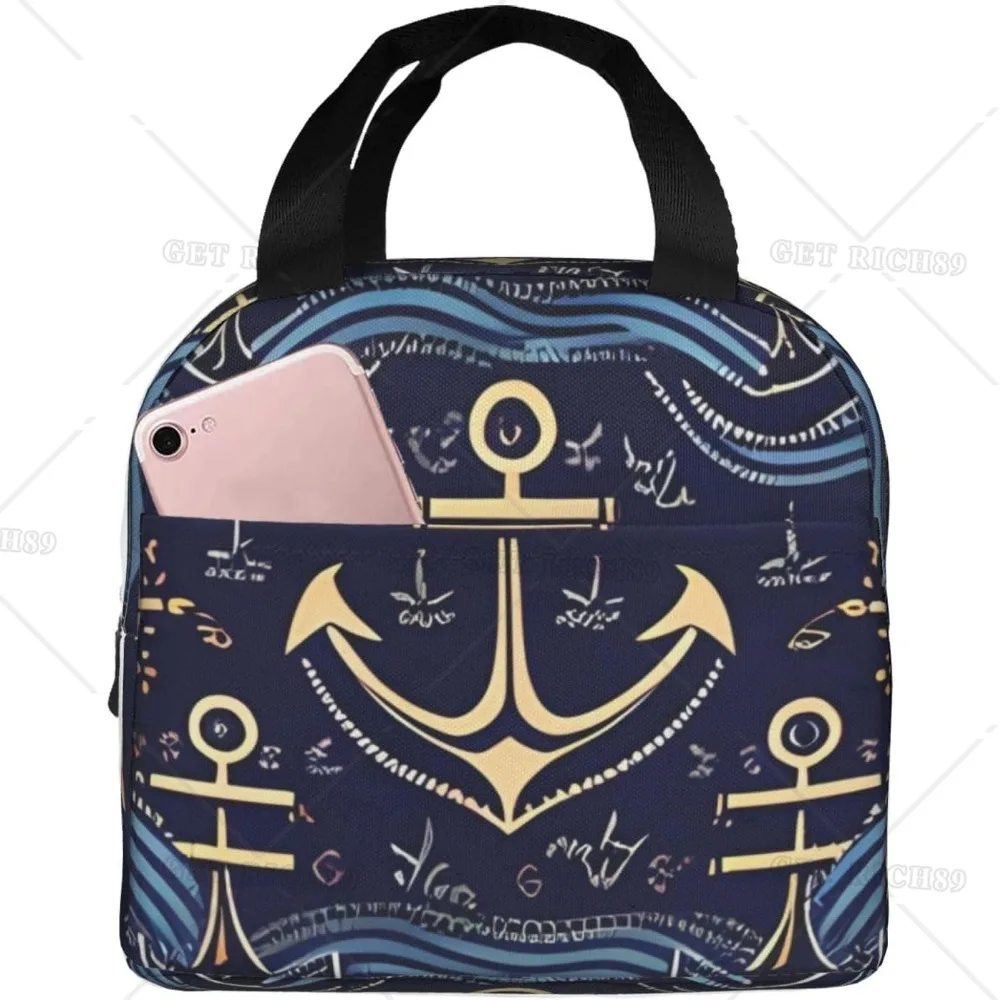 

Sailing Anchor and Steering Wheel Insulated Lunch Bag Whales Thermal Freezable Lunch Tote for Women Men Kids Picnic Work School