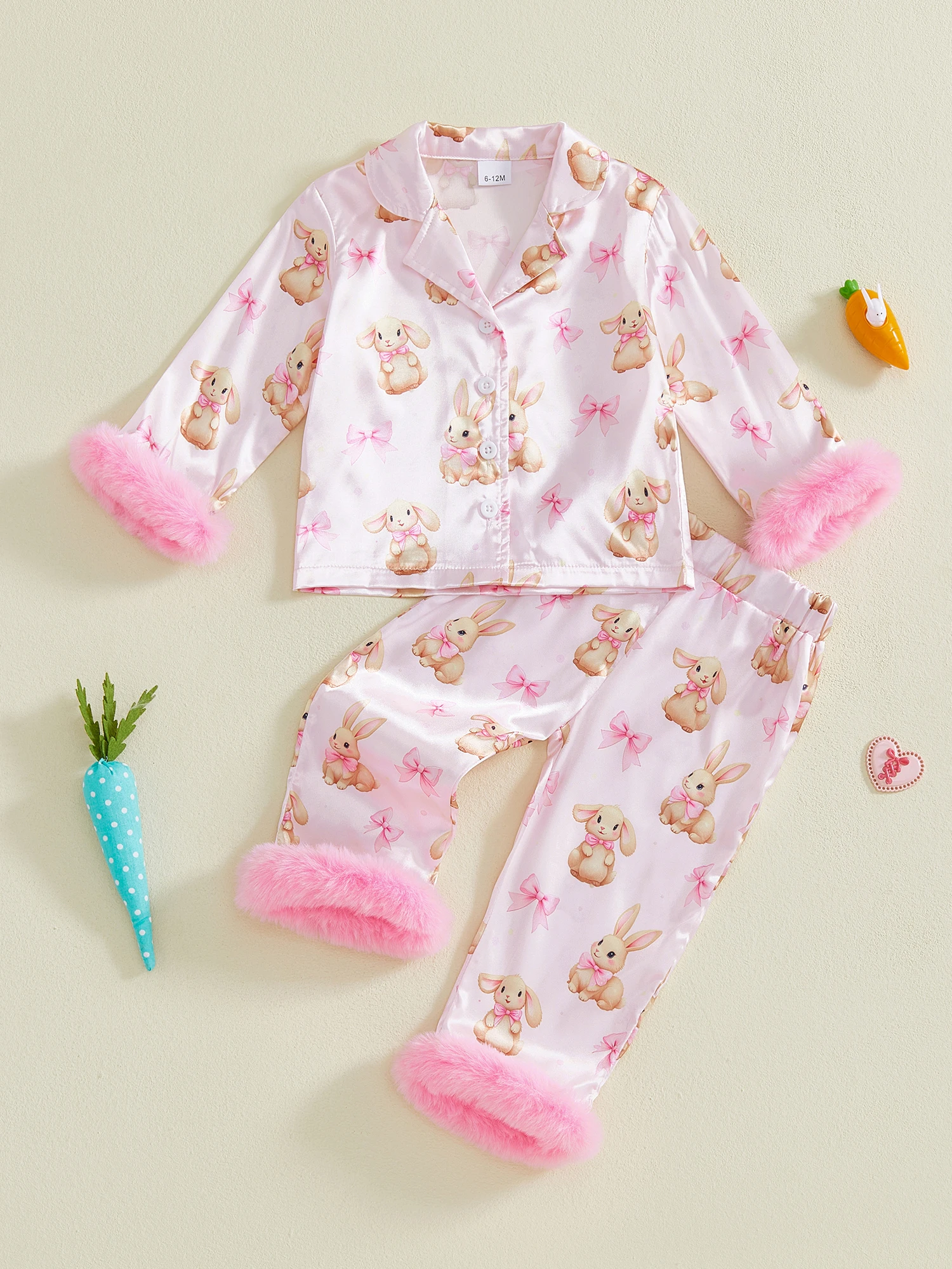 Women s Easter Bunny Print Pajama Set with Long Sleeve Lapel Button Up Shirt and Pants Sleepwear Cute Bow Detail