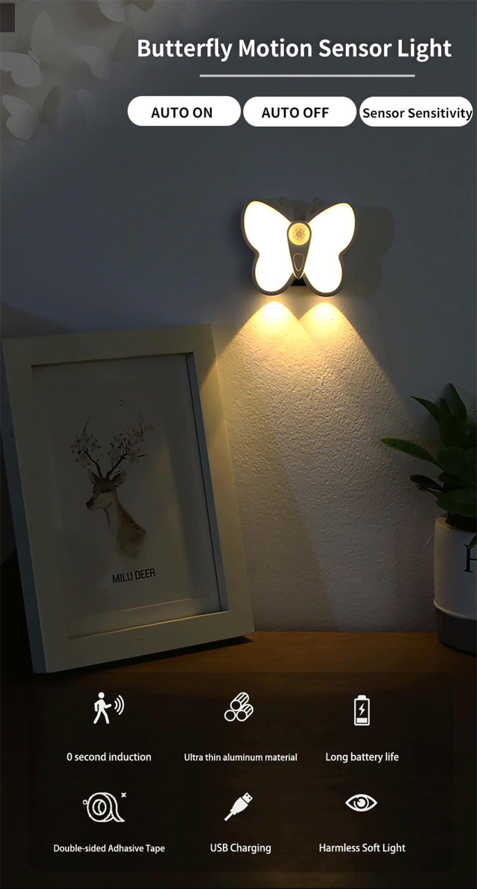 Description Picture 2 of itemKitchen Cabinet Storage Led Motion Sensor Light Rechargeable Wireless Lamp for Bedroom Bedside Under Cabinet Closet Nightlight