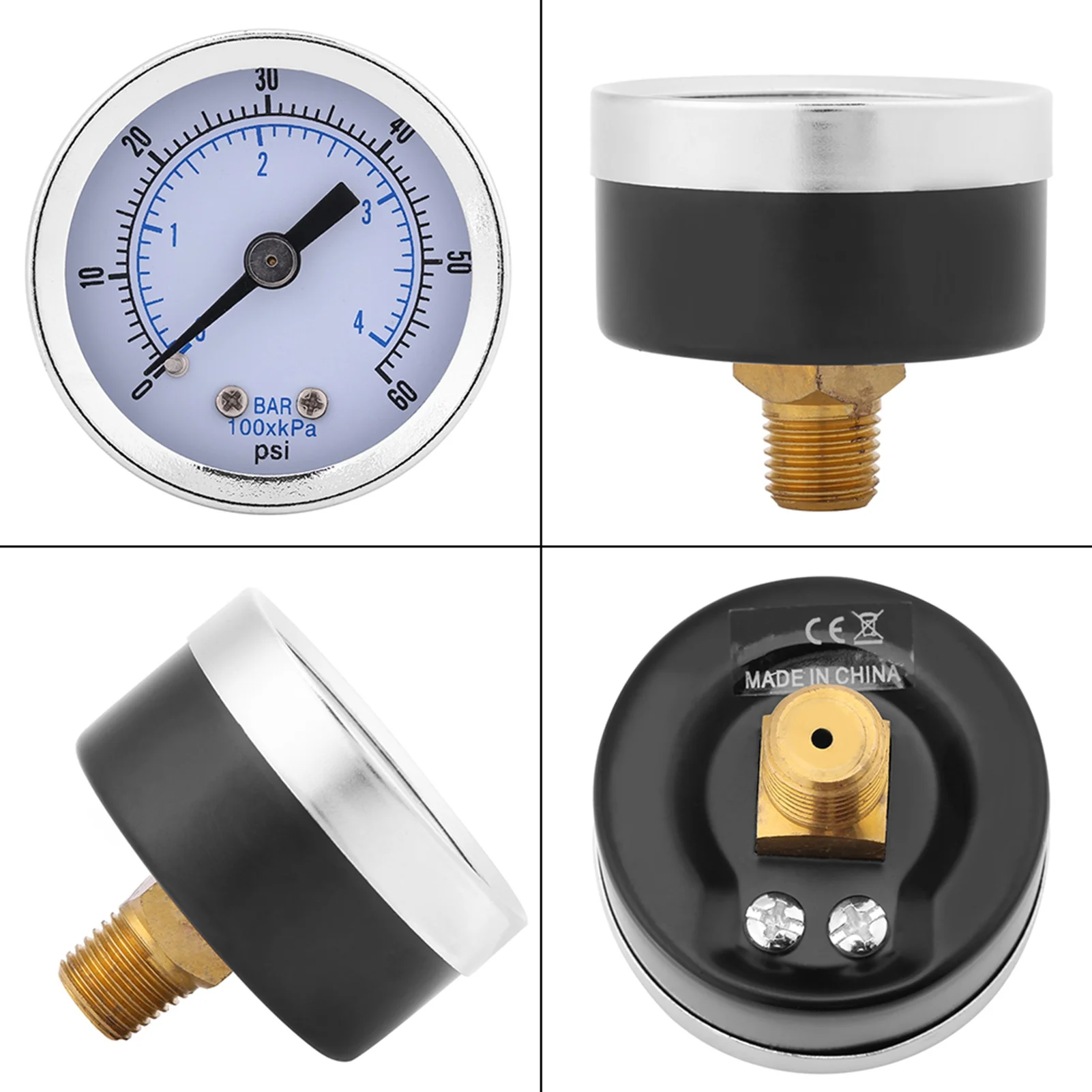 공기압 게이지 0?60psi 0?4bar 1/8NPT 압력 게이지 수압계 물 공기 오일용 압력 측정 도구