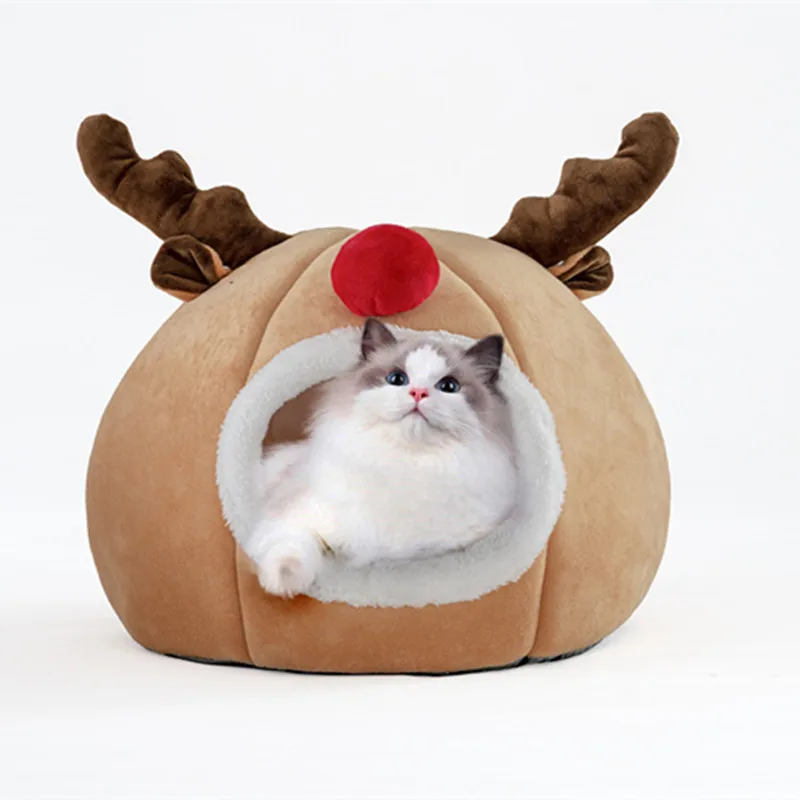 

Christmas Elk Deep sleep Comfort Winter Cat Bed Little Mat Basket For Cat House Products Pets Tent Cozy Cave Indoor Beds