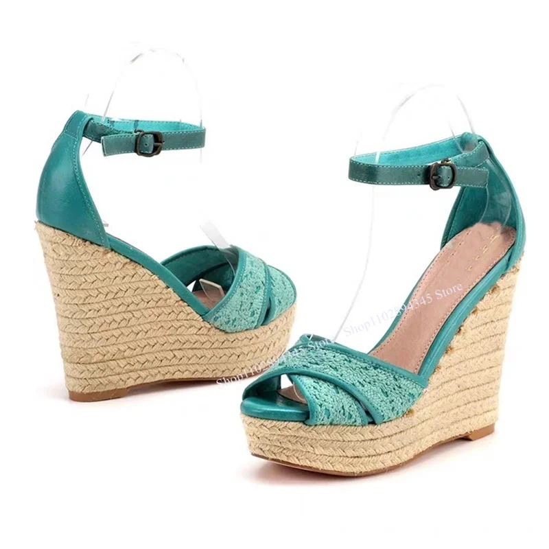 

Woven Wedge Western Buckle Sandals Peep Toe Shallow Cover Heel Fashion Novel Style 2023 Summer Woman Shoes Zapatillas Mujer
