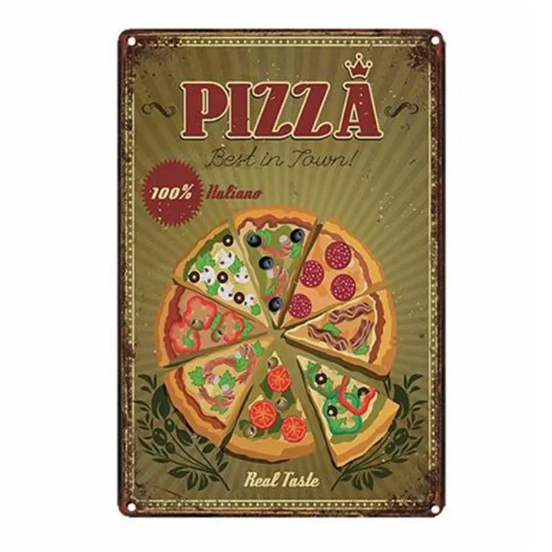 Vintage Tin Pizza Sign - Retro Metal Wall Art for Dining Room or Restaurant Decor