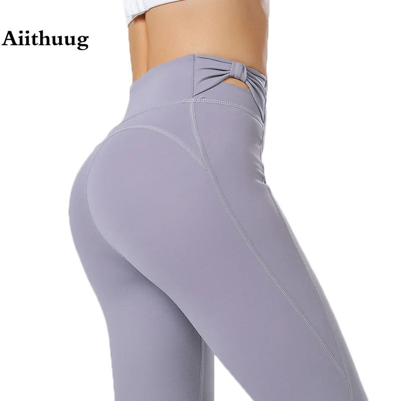 

Aiithuug Bowknot Two Side Waist Gym Leggings Soft Elastic High Waist Yoga Legging Butt Lifting Workout Sports Pants Running Jog