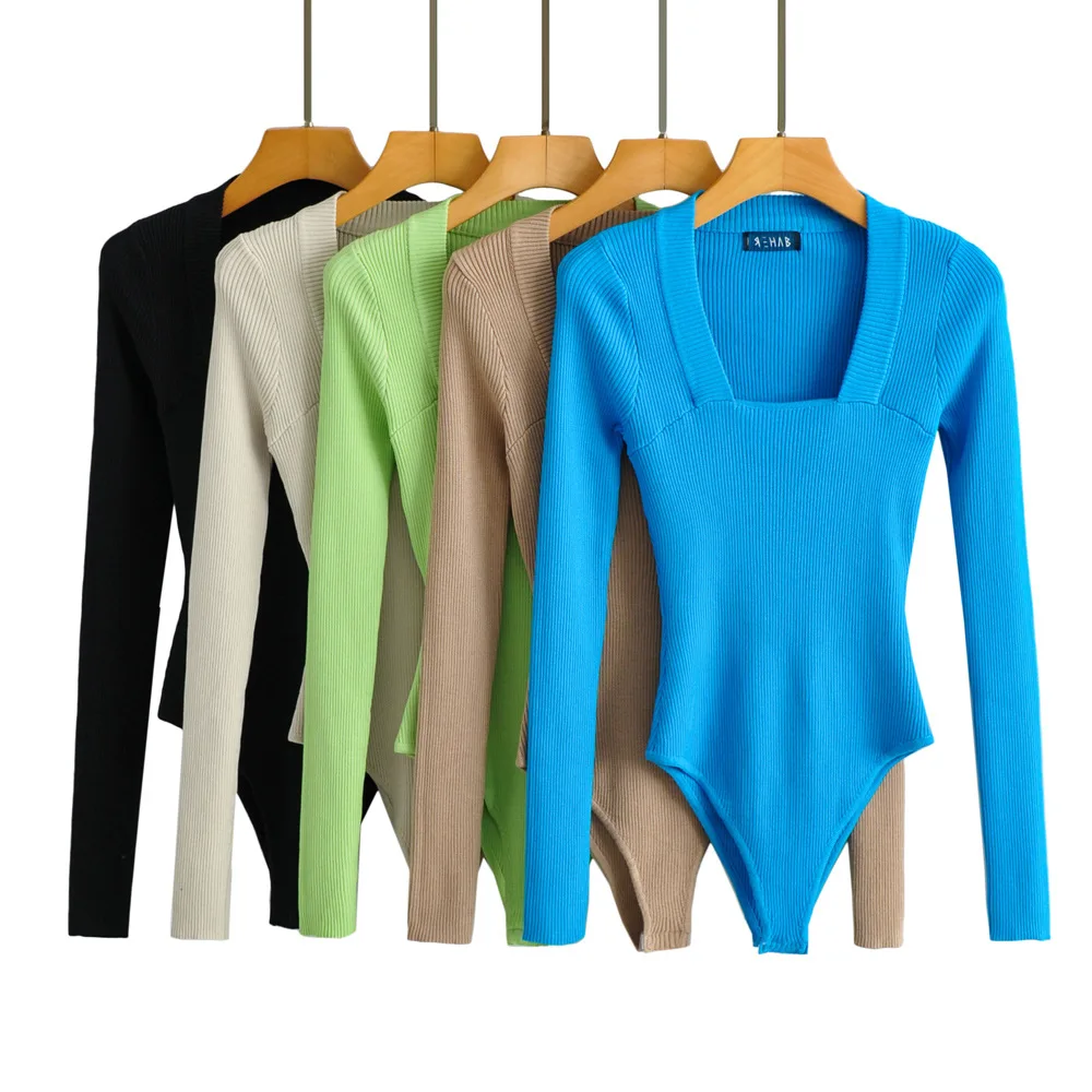 

Комбинезон Momoluna Женский трикотажный, однотонный Облегающий комбинезон хаки с квадратным вырезом и длинным рукавом, черный белый синий бежевый