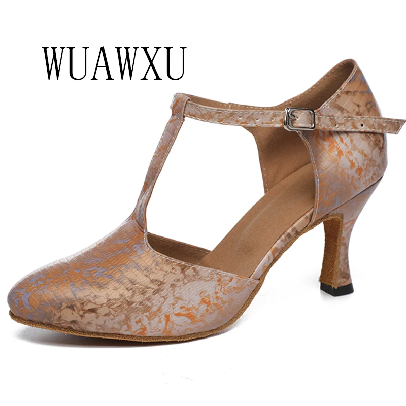 NATASHA Latin Dance Women's T Lace Brown 8cm Medium High Heel Tango Rumba Dance Shoes Salsa Sandals Samba Shoes